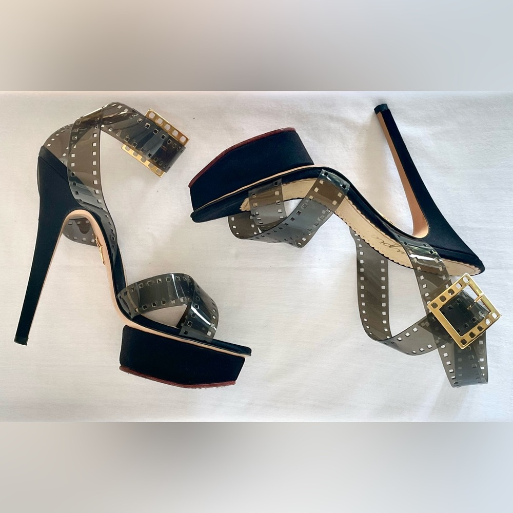 Charlotte Olympia Take 85 “filmstrip” platforms, gold film buckle, EUC, 37.5 - Picture 3 of 12